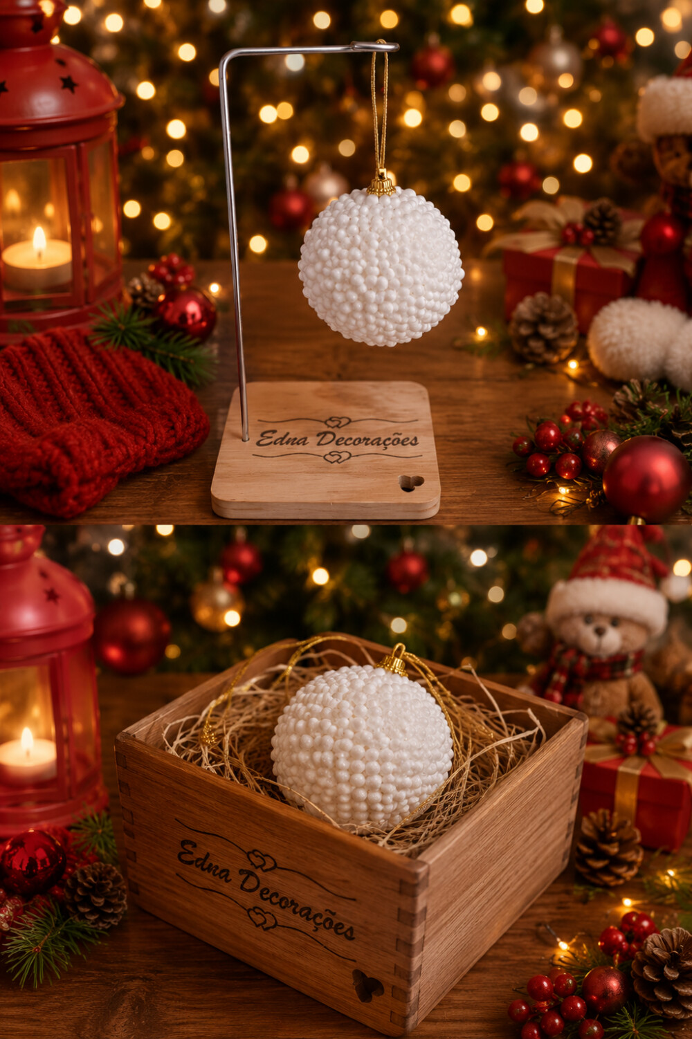 Bola de natal com bolinhas brancas aveludadas