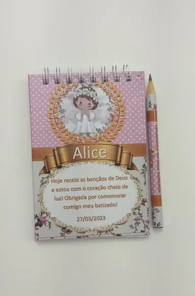 Bloquinho e Mini Lápis Lembrança Batizado Alice