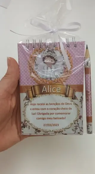 Bloquinho e Mini Lápis Lembrança Batizado Alice
