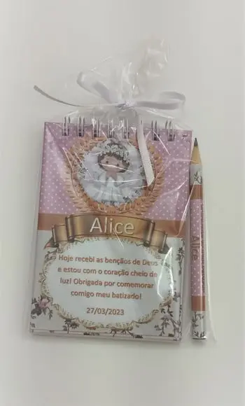 Bloquinho e Mini Lápis Lembrança Batizado Alice