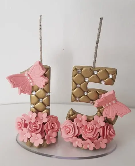 Vela 15 anos dourada e rosê