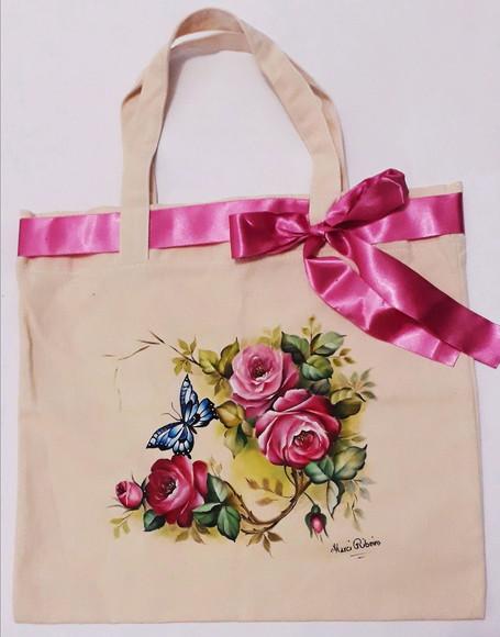 Bolsa Ecobag Pintada à Mão - Rosas Pink e Borboletas