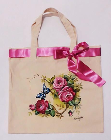 Bolsa Ecobag Pintada à Mão - Rosas Pink e Borboletas