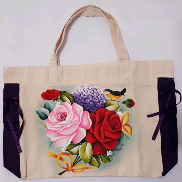 Bolsa Ecobag Pintada à Mão - Rosas Hortênsias e Pássaro