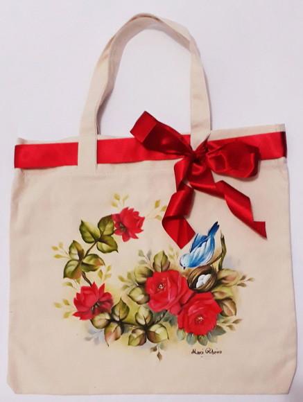Bolsa Ecobag Pintada à Mão - Rosas Vermelhas e Pássaro
