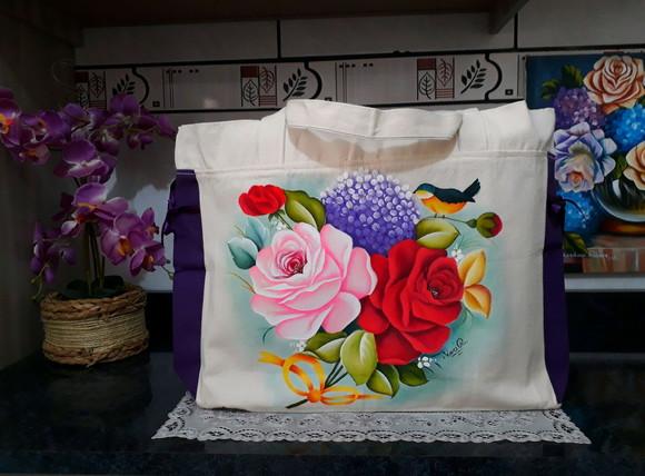 Bolsa Ecobag Pintada à Mão - Rosas Hortênsias e Pássaro