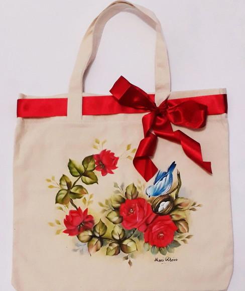 Bolsa Ecobag Pintada à Mão - Rosas Vermelhas e Pássaro