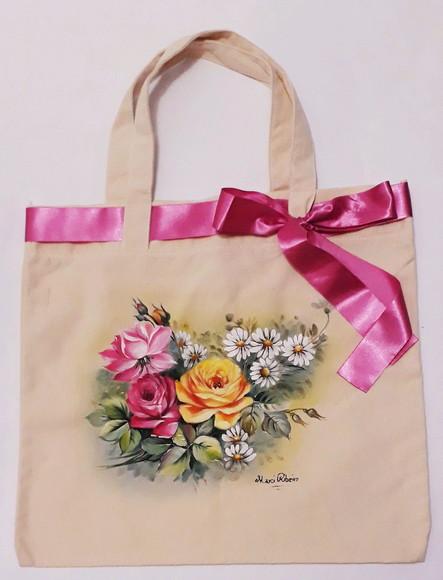 Bolsa Ecobag Pintada à Mão - Rosas e Margaridas