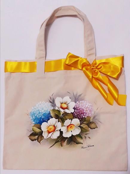 Bolsa Ecobag Pintada à Mão - Rosas Silvestre e Hortênsias