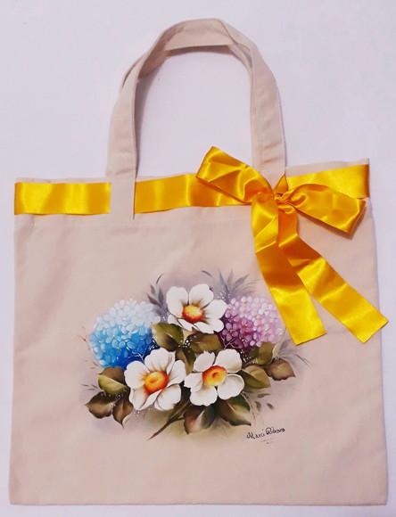 Bolsa Ecobag Pintada à Mão - Rosas Silvestre e Hortênsias