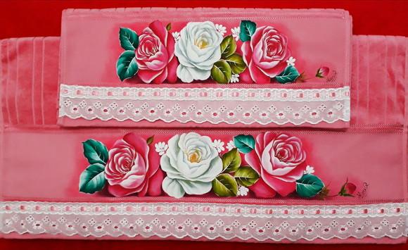 Jogo de Toalha de Banho e Rosto Pintada à Mão - Rosas
