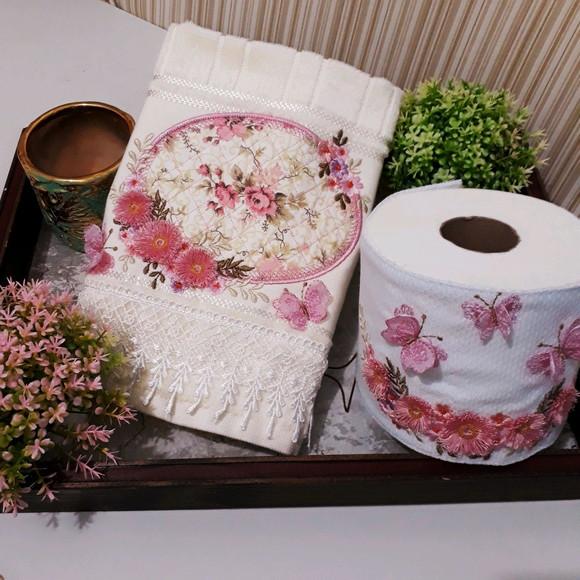 Kit Toalha de Lavabo e Porta Papel Higiênico Bordado