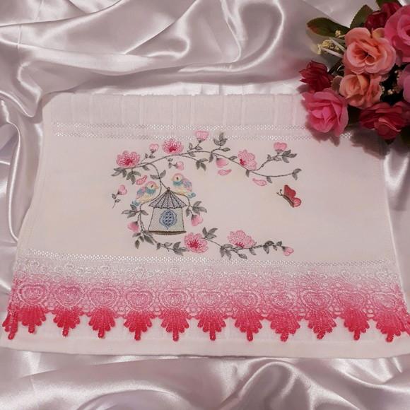 Toalha de Mão Lavabo Bordada - Flores e Casa de Passarinho