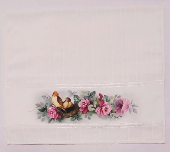Toalha de Rosto Pintada à Mão - Rosas e Pássaros