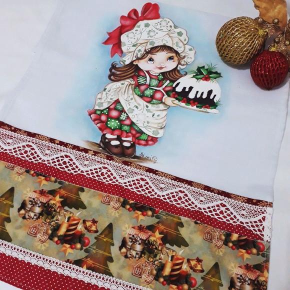Pano de Copa ou Prato com Pintura à Mão - Menina com Bolo