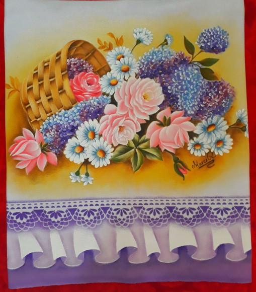 Pano de Copa ou Prato Pintado à Mão - Cesta com Flores
