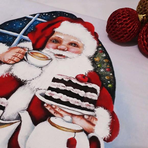 Pano de Copa ou Prato com Pintura à Mão - Papai Noel com Bolo