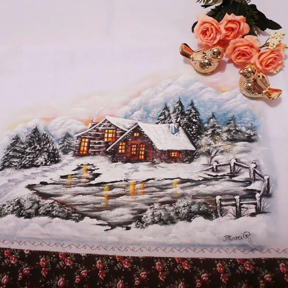 Pano de Copa ou Prato Pintado à Mão - Casinhas na Neve