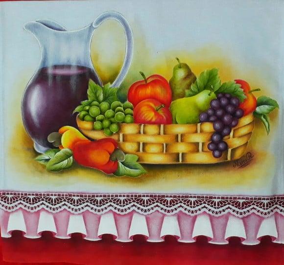 Pano de Copa ou Prato Pintado à Mão Cesta - Frutas e Vinho