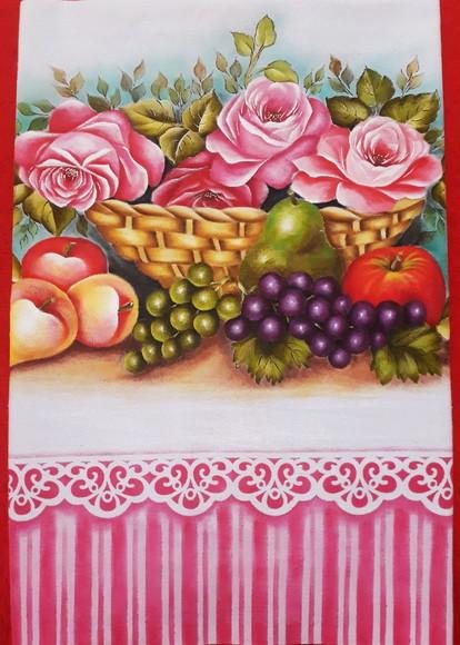 Pano de Copa ou Prato Pintado à Mão - Cesta com Rosa e Fruta