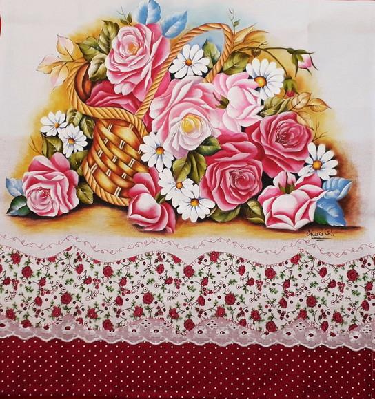 Pano de Copa ou Prato Pintado à Mão - Cesta de Rosas