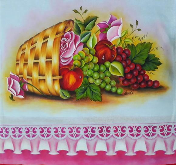 Pano de Copa ou Prato Pintado à Mão - Cesta Frutas e Rosa