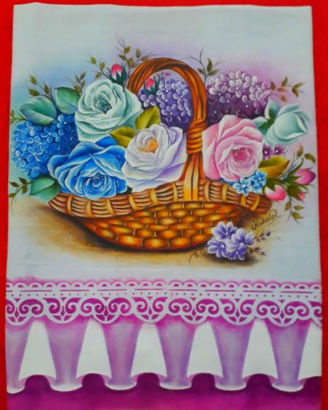 Pano de Copa ou Prato Pintado à Mão - Cesta Rosa e Hortências