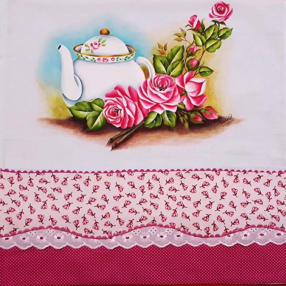 Pano de Copa ou Prato Pintado à Mão - Chaleira e Rosa