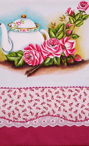 Pano de Copa ou Prato Pintado à Mão - Chaleira e Rosa