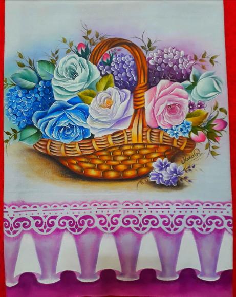 Pano de Copa ou Prato Pintado à Mão - Cesta Rosa e Hortências