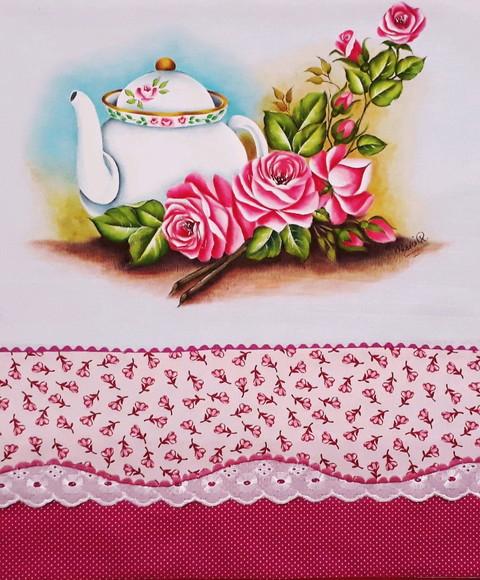 Pano de Copa ou Prato Pintado à Mão - Chaleira e Rosa