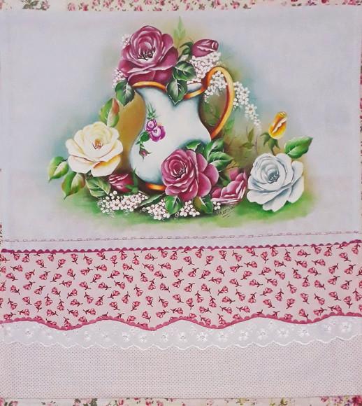 Pano de Copa ou Prato Pintado à Mão - Jarra e Rosas