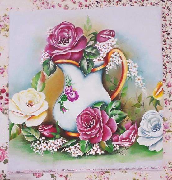 Pano de Copa ou Prato Pintado à Mão - Jarra e Rosas