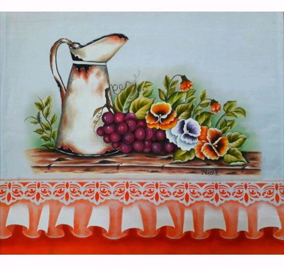 Pano de Copa ou Prato Pintado à Mão - Jarra Uva Amor Perfeito