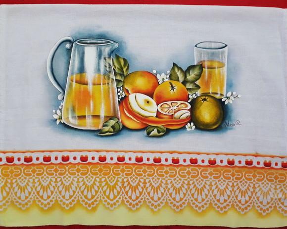 Pano de Copa ou Prato Pintado à Mão - Jarra Suco e Laranjas