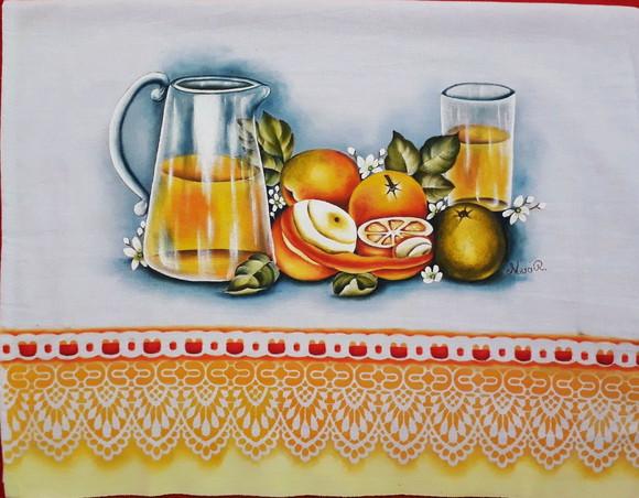 Pano de Copa ou Prato Pintado à Mão - Jarra Suco e Laranjas