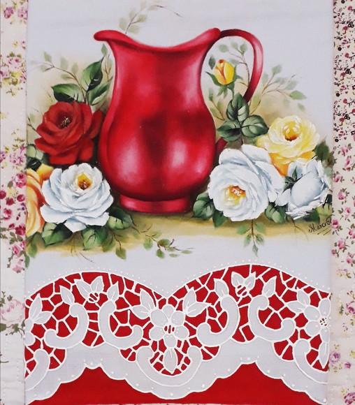 Pano de Copa ou Prato Pintado à Mão - Jarra Vermelha e Rosas