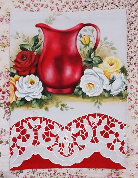 Pano de Copa ou Prato Pintado à Mão - Jarra Vermelha e Rosas