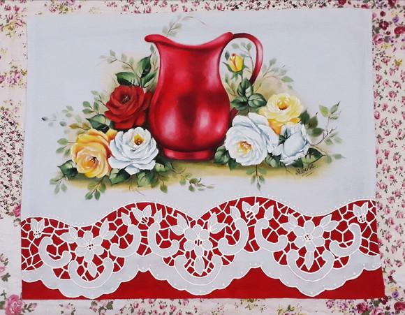 Pano de Copa ou Prato Pintado à Mão - Jarra Vermelha e Rosas