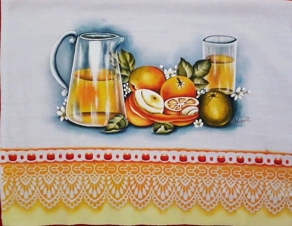 Pano de Copa ou Prato Pintado à Mão - Jarra Suco e Laranjas