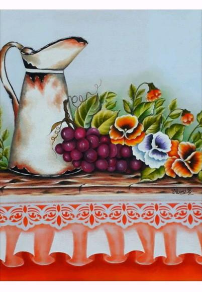 Pano de Copa ou Prato Pintado à Mão - Jarra Uva Amor Perfeito