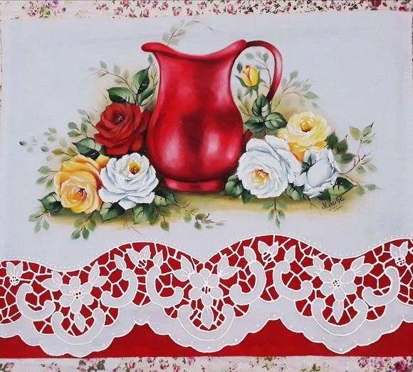 Pano de Copa ou Prato Pintado à Mão - Jarra Vermelha e Rosas