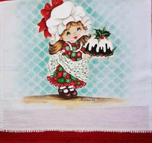 Pano de Copa ou Prato Pintado à Mão - Menina com Bolo