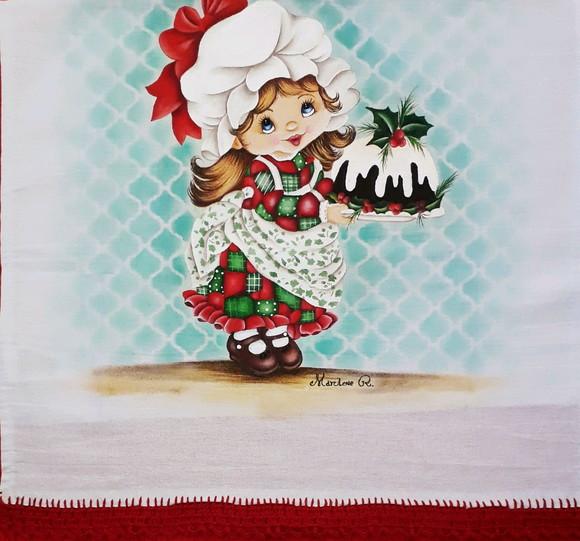 Pano de Copa ou Prato Pintado à Mão - Menina com Bolo