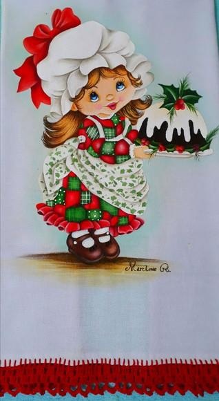 Pano de Copa ou Prato Pintado à Mão - Menina e Bolo