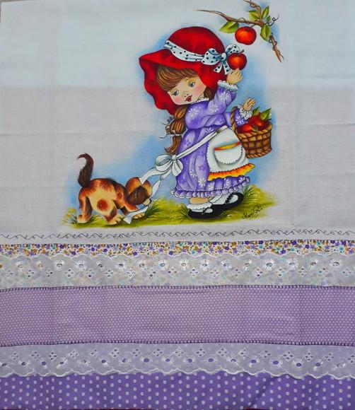 Pano de Copa ou Prato Pintado à Mão - Menina e Cachorrinho