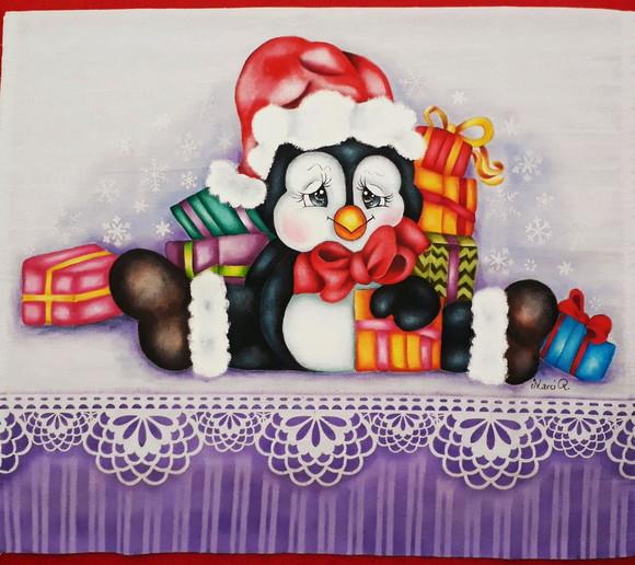 Pano de Copa ou Prato Pintado à Mão - Pingüim com Presentes