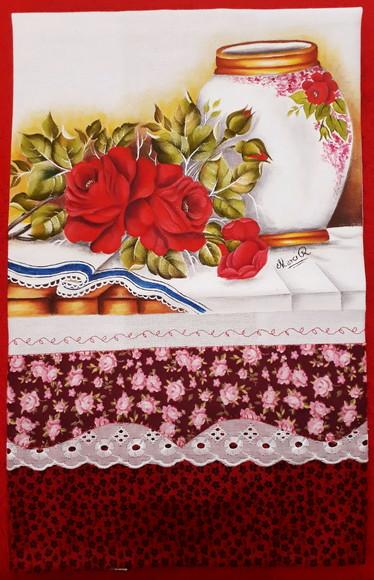 Pano de Copa ou Prato Pintado à Mão - Rosas Vermelhas e Vaso