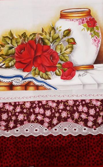 Pano de Copa ou Prato Pintado à Mão - Rosas Vermelhas e Vaso