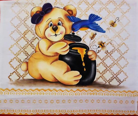 Pano de Copa ou Prato Pintado à Mão - Ursinho com Pote de Mel